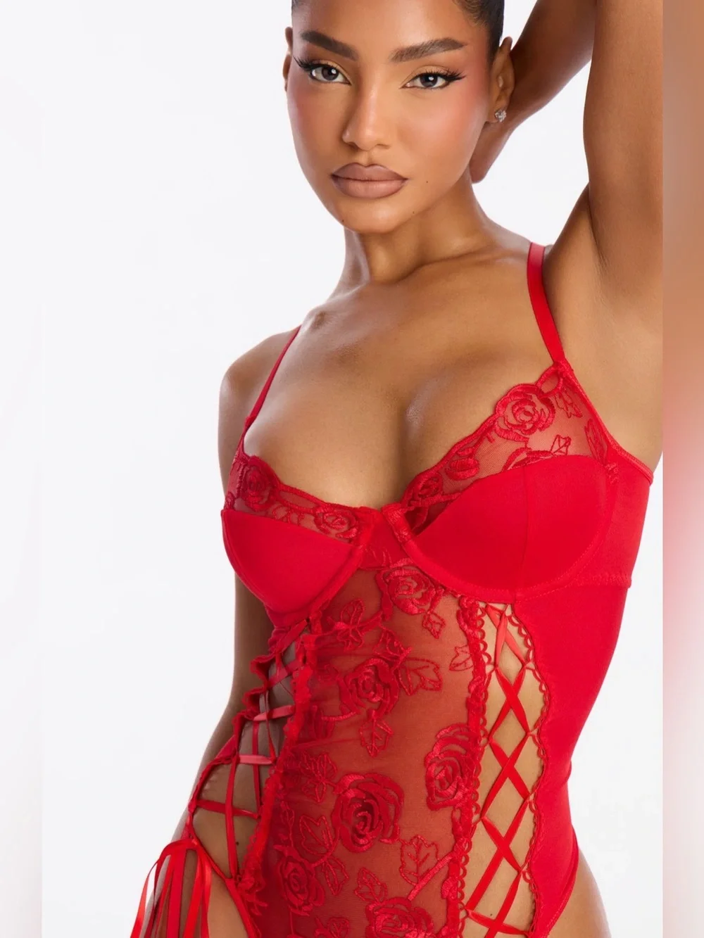 Red Lace Sheer Bodysuit with Garter Straps - Women Intimates - Picture 2 of 6